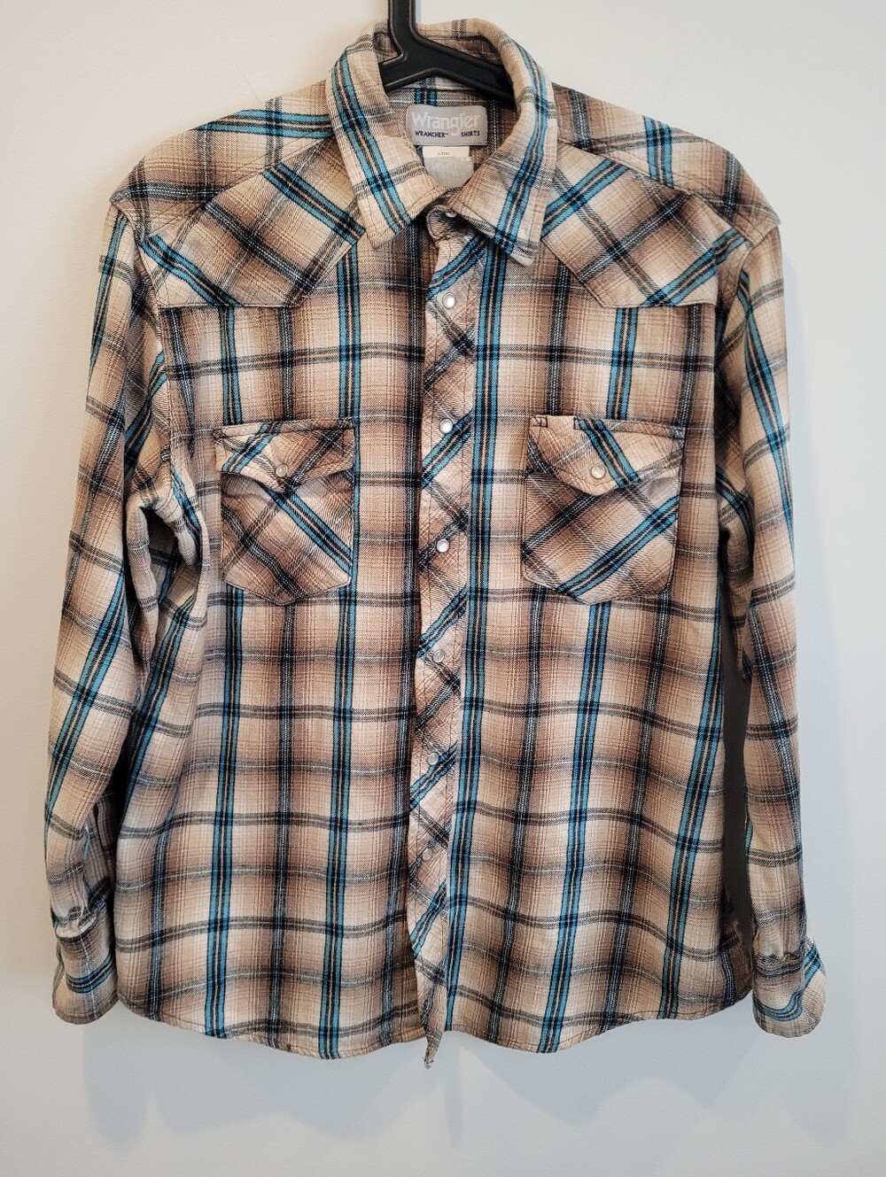 90s Vintage Wrangler Wrancher Shirt Mens L Tan Blue Black Plaid Western Cowboy